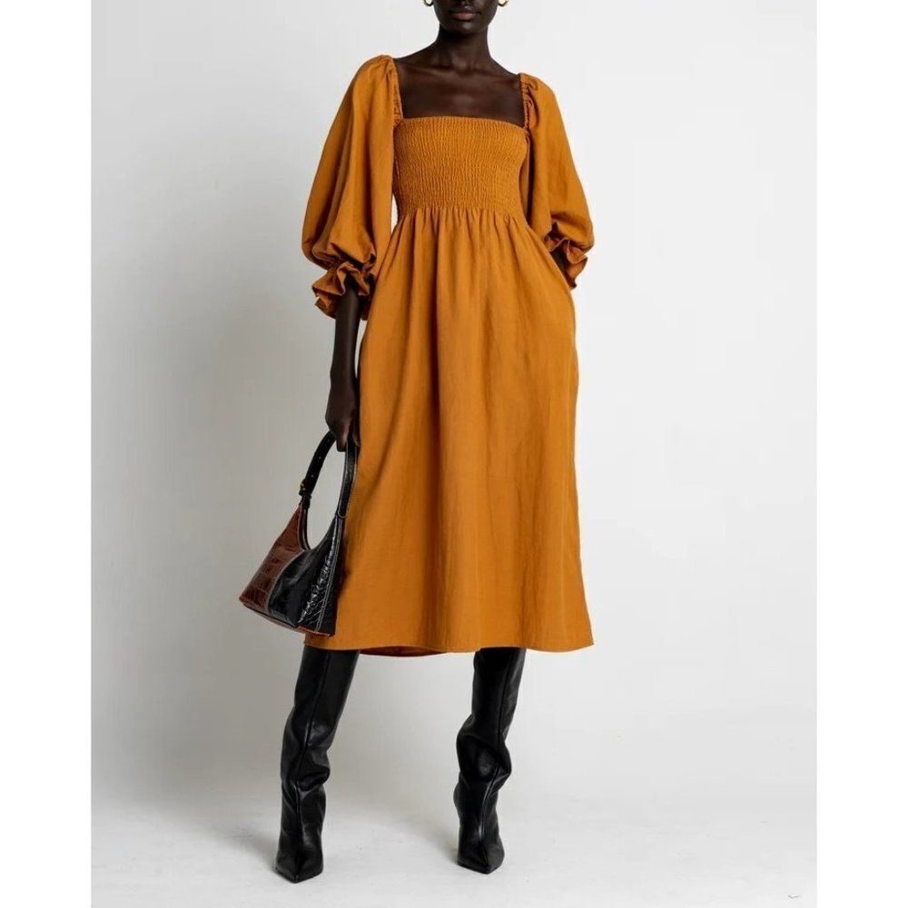 O.P.T. Athena Puff Sleeve Midi Dress Smocked A Line Gold Dust Womens Size XS #19
